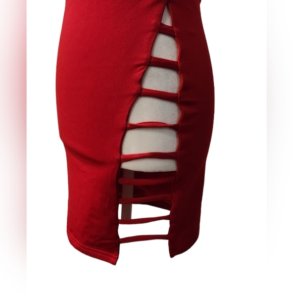 Red Mini Bodycon Strapless Dress with Slit at Front - Picture 3 of 3